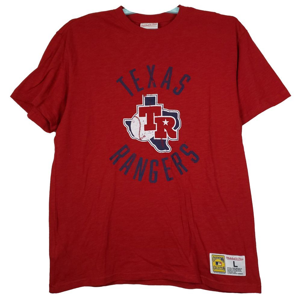 Texas Rangers Mitchell & Ness MLB L Large Shirt Distressed Logo‎ Red New